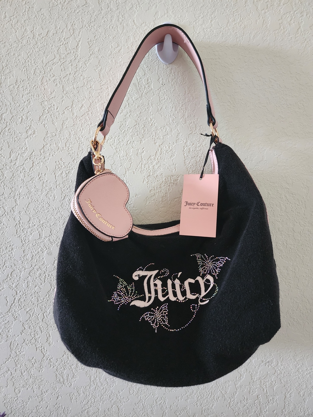 Juicy Couture Black and Pink Hobo Bag with Heart Coin Pouch